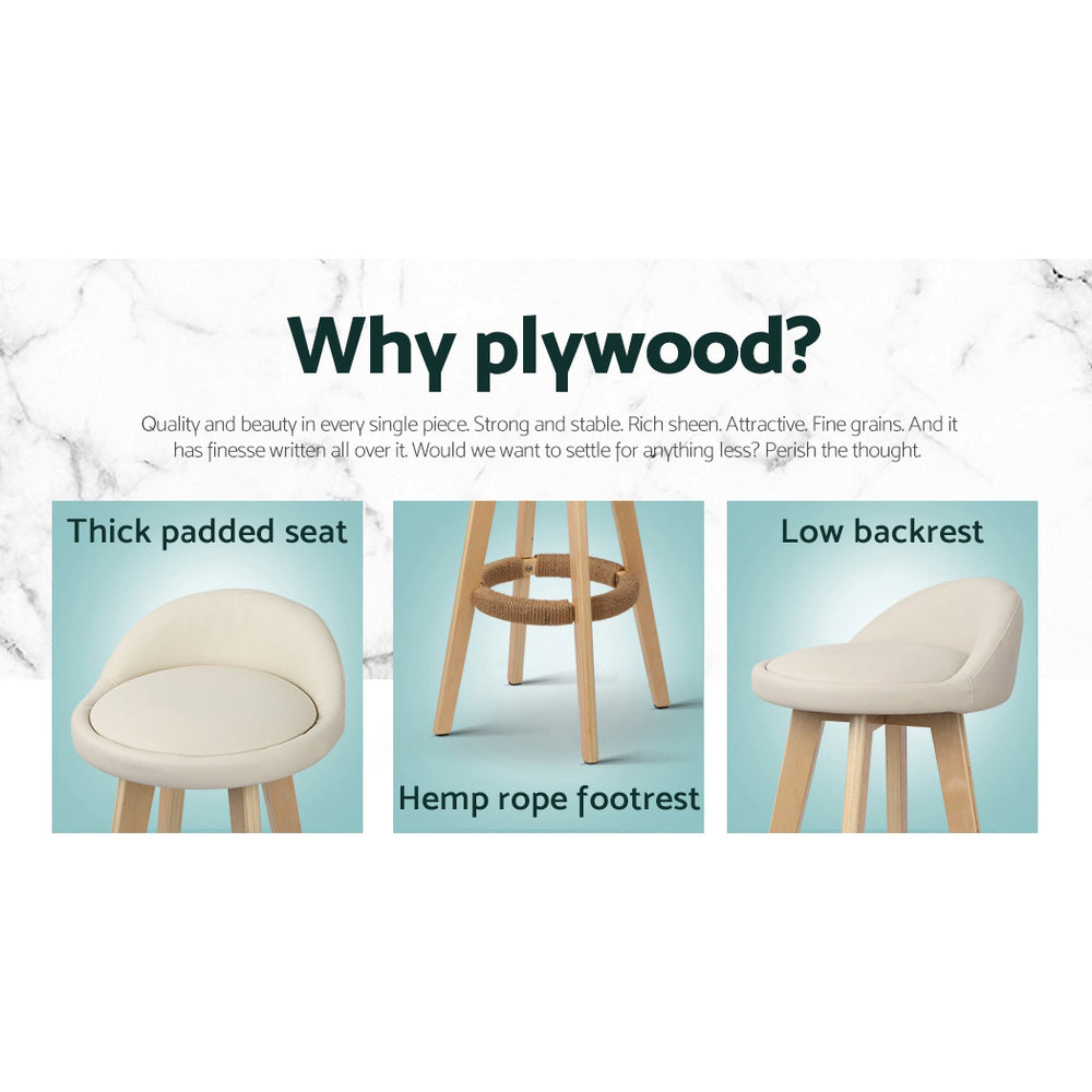 Chair Kingdom 2x Bar Stools Padded Leather Wooden Beige